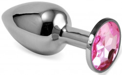 Серебристая гладкая анальная пробка с нежно-розовым кристаллом - 9,5 см.
