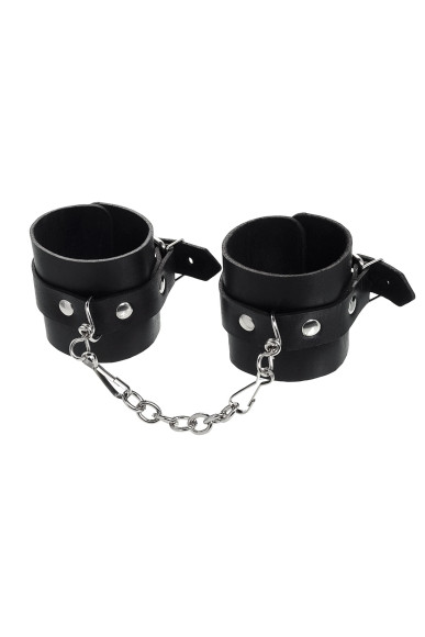 Черные однослойные наручники из натуральной кожи с цепочкой Черные однослойные наручники из натуральной кожи с цепочкой