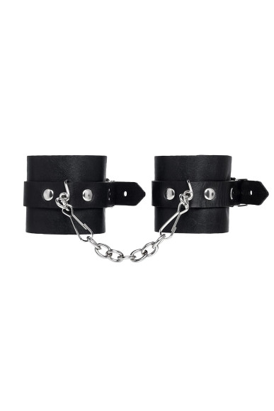 Черные однослойные наручники из натуральной кожи с цепочкой Черные однослойные наручники из натуральной кожи с цепочкой