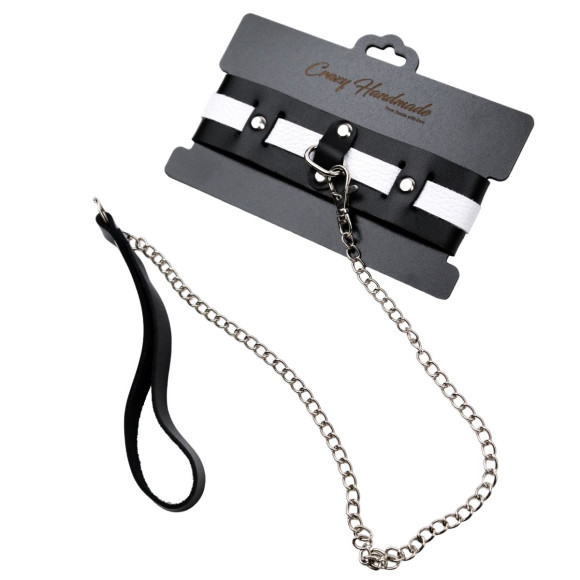 Черно-белый кожаный ошейник с поводком-цепочкой Черно-белый кожаный ошейник с поводком-цепочкой