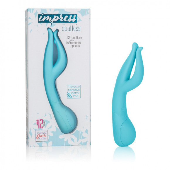 Голубой вибромассажер Impress Dual Kiss со стимуляцией клитора - 15 см. Голубой вибромассажер Impress Dual Kiss со стимуляцией клитора - 15 см.