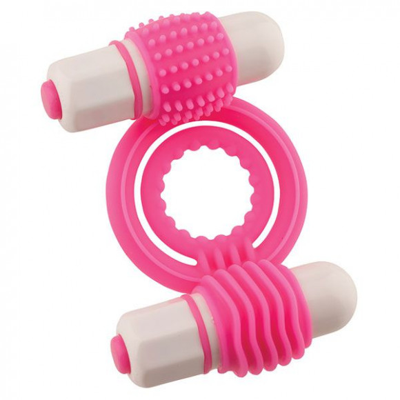 Розовое эрекционное кольцо с 2 виброэлементами NEON EUPHORIA CLITORAL MASSAGE RING 