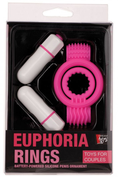 Розовое эрекционное кольцо с 2 виброэлементами NEON EUPHORIA CLITORAL MASSAGE RING 