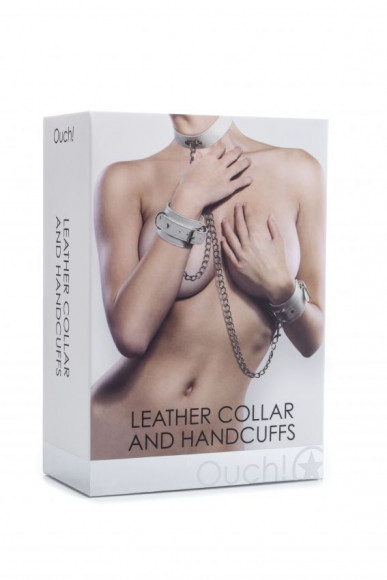Белый комплект для бондажа Leather Collar and Handcuffs