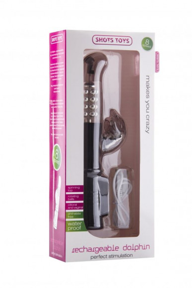 Чёрный перезаряжаемый вибратор Rechargeable Dolphin с дельфинчиком - 22 см.