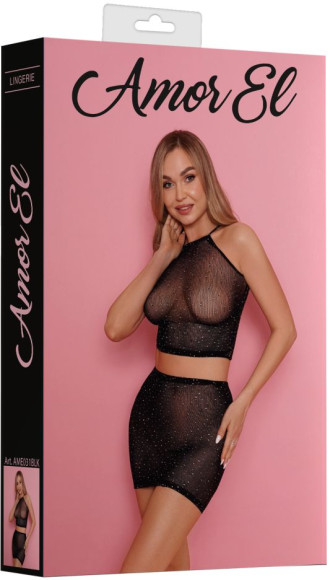 Сетчатый комплект из топа и юбки со стразами Сетчатый комплект из топа и юбки со стразами