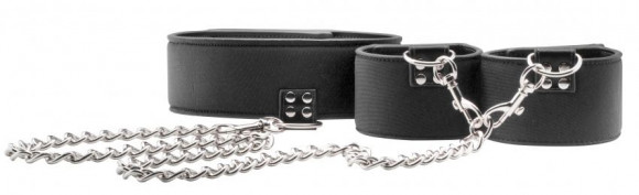 Чёрный двусторонний ошейник с наручниками Reversible Collar and Wrist Cuffs Чёрный двусторонний ошейник с наручниками Reversible Collar and Wrist Cuffs