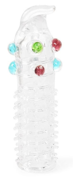 Закрытая прозрачная насадка на пенис с выпуклостями и отростком - 12 см. Закрытая прозрачная насадка на пенис с выпуклостями и отростком - 12 см.