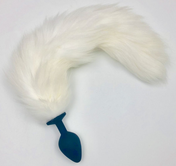 Синяя силиконовая анальная пробка с белым хвостиком - размер M Синяя силиконовая анальная пробка с белым хвостиком - размер M