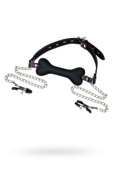 Черный кляп-трензель Theatre в виде косточки с зажимами для сосков Черный кляп-трензель Theatre в виде косточки с зажимами для сосков