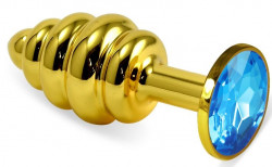 Золотистая ребристая анальная пробка с голубым кристаллом - 7,5 см. 