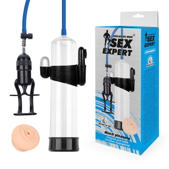 Прозрачная вакуумная вибропомпа Sex Expert с насадкой-вагиной Прозрачная вакуумная вибропомпа Sex Expert с насадкой-вагиной