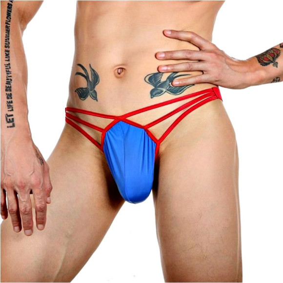 Синие сексуальные трусы-стринги на тонких красных бретелях Синие сексуальные трусы-стринги на тонких красных бретелях