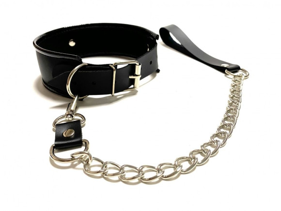 Черный ошейник с поводком из эко-кожи Черный ошейник с поводком из эко-кожи