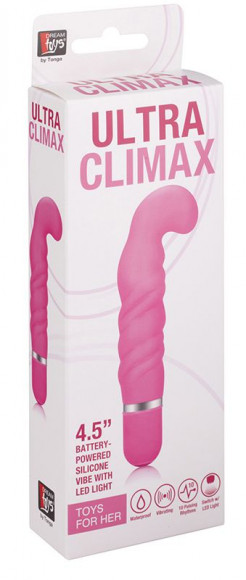 Розовый вибромассажёр с загнутым кончиком NEON ULTRA CLIMAX PINK - 11,4 см.