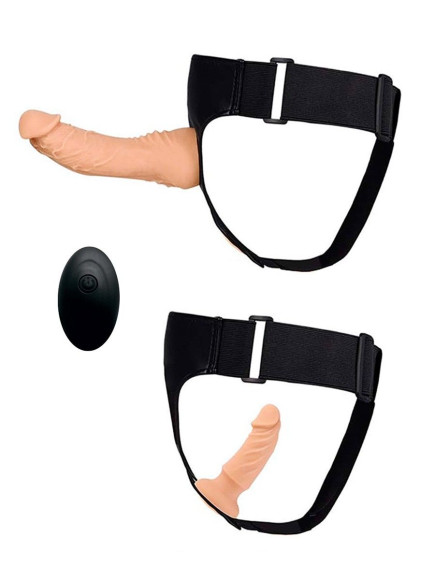 Женский страпон с 2 насадками, вибрацией и пультом ДУ Женский страпон с 2 насадками, вибрацией и пультом ДУ