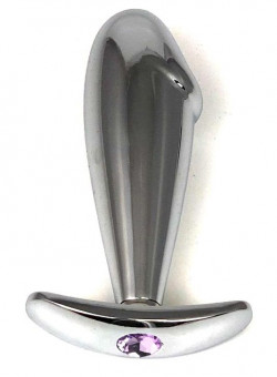 Серебристая пробка-фаллос с сиреневым кристаллом – 9,5 см.
