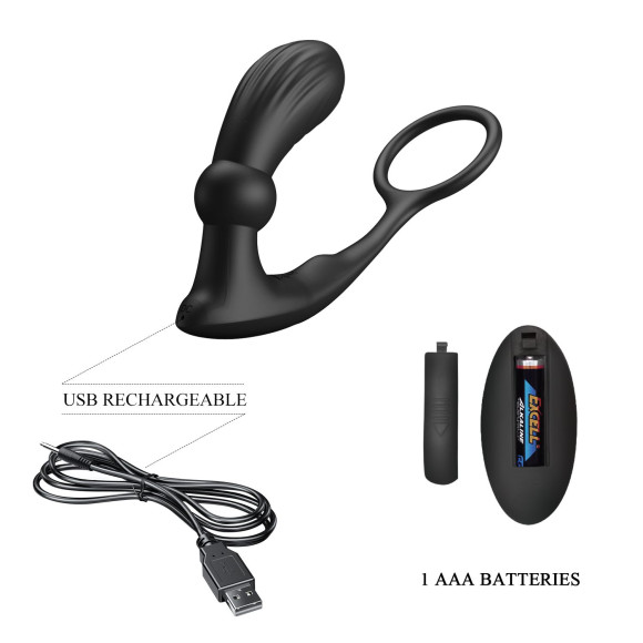 Черный вибростимулятор простаты Warren с эрекционным кольцом Черный вибростимулятор простаты Warren с эрекционным кольцом