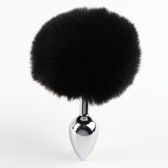 Серебристая анальная втулочка с черным хвостом Серебристая анальная втулочка с черным хвостом