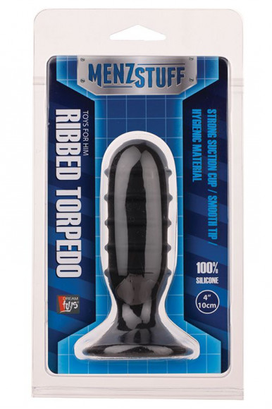Чёрная силиконовая ребристая пробка MENZSTUFF RIBBED TORPEDO PLUG - 10 см.