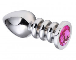 Серебристая анальная пробка на рельефной ножке с розовым кристаллом - 9,5 см.