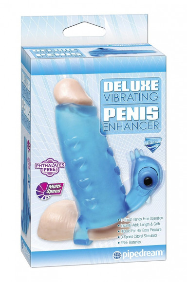 Голубая утолщающая насадка на пенис Deluxe Vibrating Penis Enhancer - 15 см.