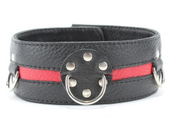Чёрный кожаный ошейник с красной полосой и кольцами Чёрный кожаный ошейник с красной полосой и кольцами
