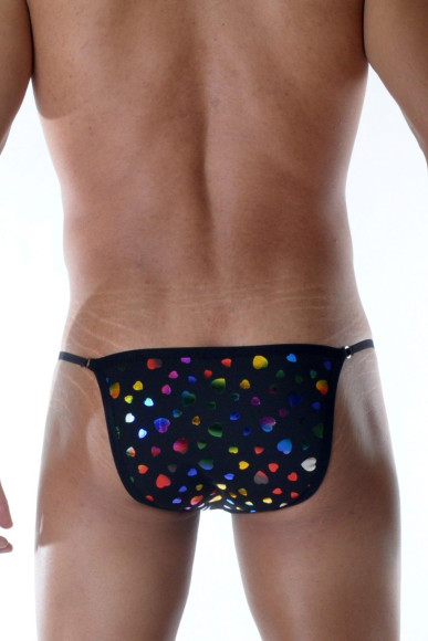 Черные мужские трусы-танга с разноцветными сердечками Черные мужские трусы-танга с разноцветными сердечками
