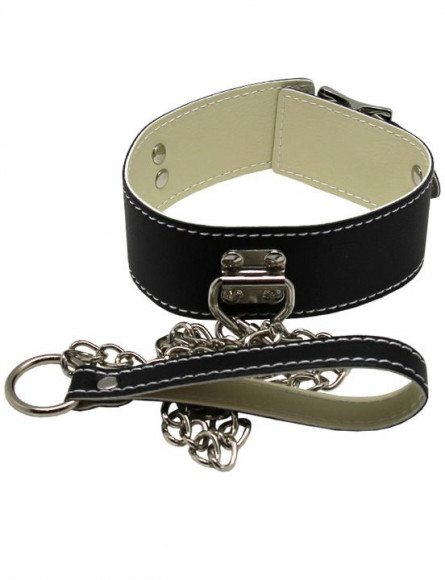 Черный ошейник с металлическим поводком с ручкой Черный ошейник с металлическим поводком с ручкой