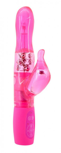 Розовый перезаряжаемый вибромассажёр с клиторальным стимулятором - 25 см.
