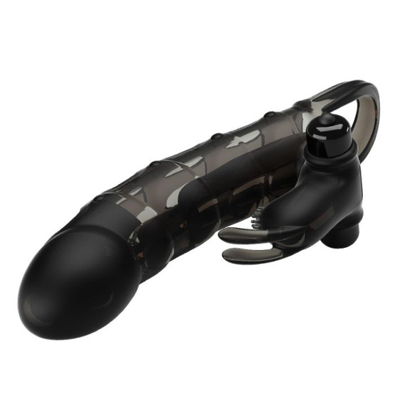 Черная закрытая насадка с подхватом мошонки и стимулятором клитора - 19,2 см. Черная закрытая насадка с подхватом мошонки и стимулятором клитора - 19,2 см.