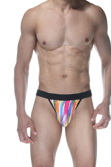 Мужские трусы-стринги с принтом в виде разноцветных мазков кисти Мужские трусы-стринги с принтом в виде разноцветных мазков кисти