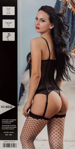 Соблазнительный корсаж в комплекте с трусиками и чулками