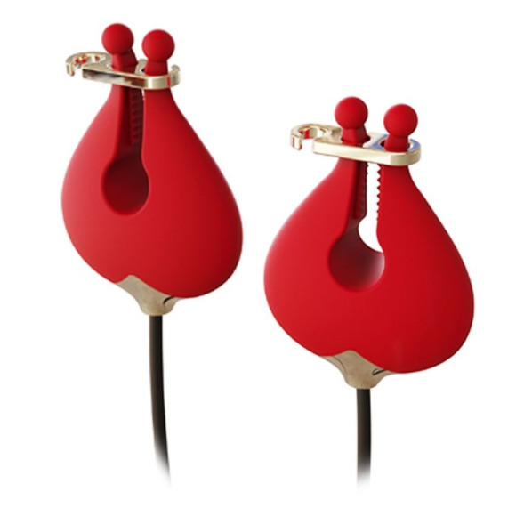 Красный вибромассажёр с зажимами для сосков - 16 см. Красный вибромассажёр с зажимами для сосков - 16 см.