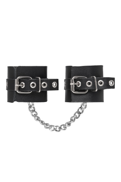 Черные наручники из толстой натуральной кожи с люверсами Черные наручники из толстой натуральной кожи с люверсами