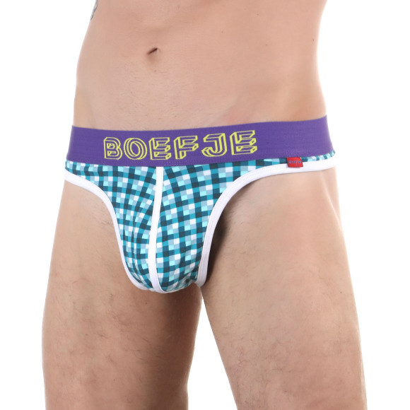 Бирюзовые клетчатые трусы-тонги с брендированным поясом Бирюзовые клетчатые трусы-тонги с брендированным поясом