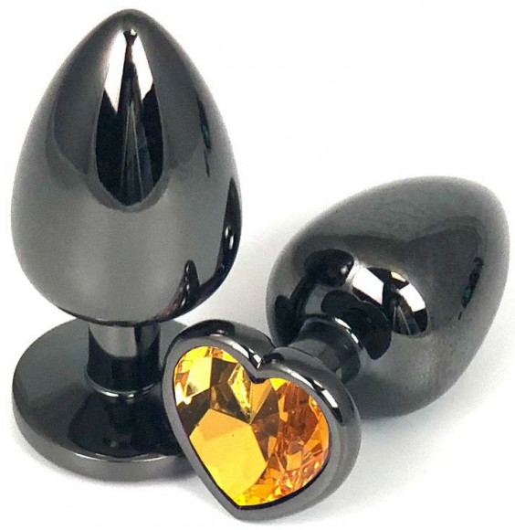 Черная анальная пробка с оранжевым стразом-сердечком - 6,5 см.