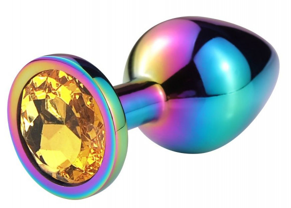 Разноцветная гладкая анальная пробка с оранжевым кристаллом - 7,5 см. Разноцветная гладкая анальная пробка с оранжевым кристаллом - 7,5 см.