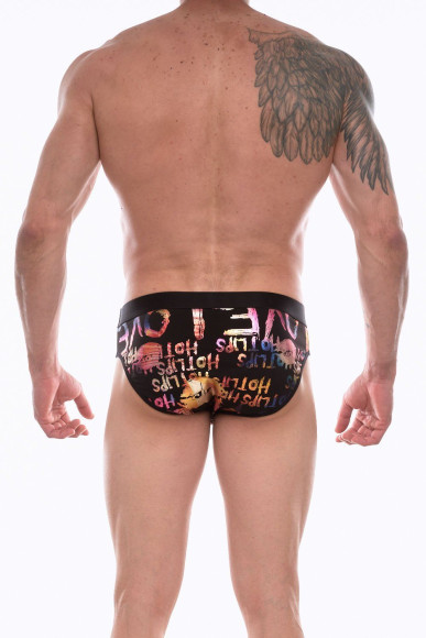 Черные трусы-брифы с блестящим принтом в виде надписей и губ Черные трусы-брифы с блестящим принтом в виде надписей и губ