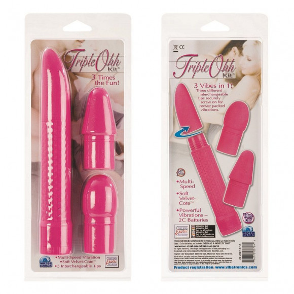 Розовый вибромассажёр с 3 сменными насадками TRIPLE OHH KITS Розовый вибромассажёр с 3 сменными насадками TRIPLE OHH KITS